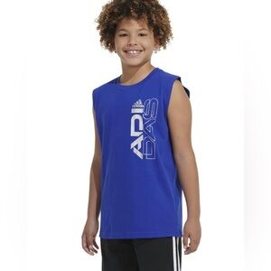 Adidas Boys Sleeveless Shirt Blue Silver Logo Graphic Athletic Tee Size S(8)